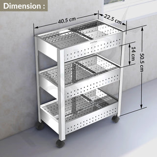 Plantex Stainless Steel 3-Tier Vegetable Storage Basket for Kitchen/Onion Garlic Stand-Trolley (Square Profile-Silver)
