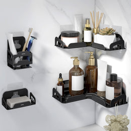 Plantex Stainless Steel Corner Shelf for Bathroom/4in1 Self Adhesive Bathroom Shelf with Soap Dish and Tumbler Holder/Bathroom Organiser Without Drill(Black, Combo)