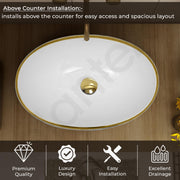 Plantex Tabletop Wash Basin for Bathroom/Designer Ceramic Basin/Oval Vessel Sink Basin for Home/Hotel (23x16x7 inch - White & Gold)