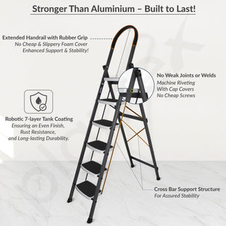Plantex 6 Step Ladder -Foldable Steel 6 Step Ladder-Wide Anti Skid Steps-Made in India(Grey & White)