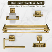 Plantex 304 Grade Stainless Steel Bathroom Accessories Set of 5 - Towel Stand/Napkin Ring/Soap Dish/Toothbrush Holder/Robe Hanger - Squaro (Brass Antique)