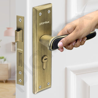 Plantex Heavy-Duty Door Lock Set - Main Door Lock Plate Handle Set/6-Lever Mechanism Mortise Locks with 3 Keys/Brass Locks Body & Cylinder (PTP-09- Brass Antique & Black)