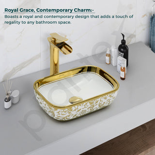 Plantex Ceramic Basin for Bathroom/Designer TableTop Wash Basin/Bathroom Vessel Sink/Washbasin - White & Gold (14.1 x 9 x 5 Inch)