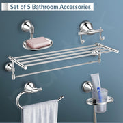 Plantex 304 Grade Stainless Steel Bathroom Accessories Set of 5 - Towel Stand/Napking Ring/Soap Holder/Toothbrush Stand/Robe Hanger - Niko (Chrome)
