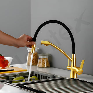 Plantex Pure Brass Kitchen Taps for Home Sink/3-in-1 Sink Mixer Tap with Built-in RO Outlet/360° Swivel Spout with Pull Down Kitchen Faucet-(Gold & Black)