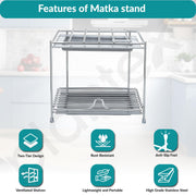 Plantex Matka Stand/Stainless Steel 2-Tier Matka Stand for Kitchen/Square Water Pot with Tray - 8 X 7.5 inch (Chrome)