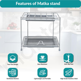 Plantex Matka Stand/Stainless Steel 2-Tier Matka Stand for Kitchen/Square Water Pot with Tray - 8 X 7.5 inch (Chrome)