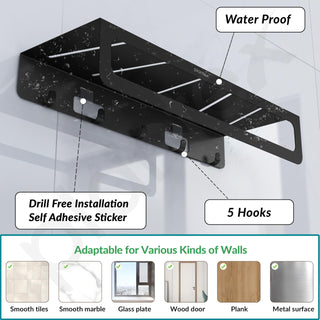 Plantex No Drill Bathroom Organiser/Self Adhesive Wall Mount Multipurpose Shelf/Rack/Towel Rod/Hooks for Bathroom - Pack of 1 (15 x 5 Inch, Black)