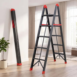 Plantex Ladder for Home 5 Steps/Foldable Step Ladder with Anti-Skid Wide Steps/Heavy-Duty Steel A-Frame Ladder/150 kg Capacity - Pack of 1 (GT-5, Black & Red)