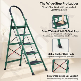 Plantex Hercules Pro 5-Step Foldable Ladder for Home with 200 kg Load Capacity/Heavy-Duty GI Steel Ladder/Anti-Slip Wide Step/Strong, Stable & Multi-Purpose (Green)