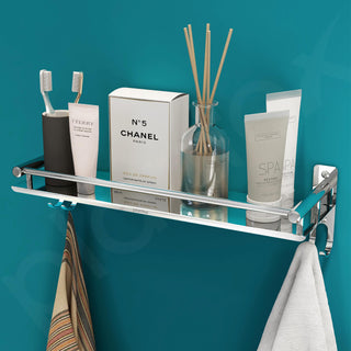 Plantex Stainless Steel Bathroom Shelf for Wall/Wall Mount Shelves & Racks for Bathroom Organizer with Hooks and Railings/Stand for Bathroom/Kitchen/Living Room(16x5 inch, Chrome)