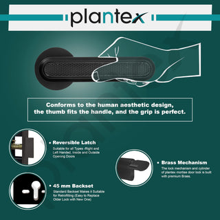 Plantex Triple Security Door Lock for Home/Main Door Lock Set with 3 Years of Warranty/Mortise Lock for Door with Brass Lock Body & Cylinder (Black Finish)