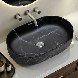 Plantex Ceramic Black Washbasin/Oval Tabletop Hand Wash Basin for Bathroom/Designer Washbasin Sink for Home/Office (22x13.5x6 Inch - Marble Finish)