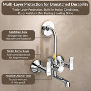 Plantex Pure Brass 2-in-1 Wall Mixer with Brass Wall Flange & Teflon Tape/Mixer Tap for Bathroom with Overhead Shower Provision and Long Bend Pipe/Bathroom Tap/Taps for Bathroom-(Star, Chrome)