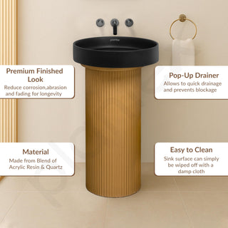 Plantex Acrylic Resin & Quartz Pedestal Basin for Bathroom/One Piece Pedestal Free Standing Round Wash Basin for living Room/Hotel (Black & Gold)