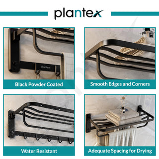 Plantex 304 Grade Stainless Steel Folding Towel Holder in Bathroom/Bathroom Towel Hanger for Wall/Towel Rod/Bathroom Accessories (24 Inch) Black
