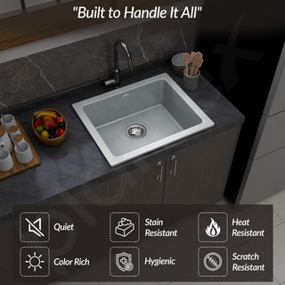 Plantex Quartz Acrylic Kitchen Sink/Undermount Sink For Kitchen/Metalic Single Bowl Kitchen Sinks With Coupling (Lintus 16X18 Inches), Silver