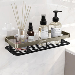 Plantex Bathroom Rack Without Drilling/Stainless Steel Bathroom Shelf for Wall with Aluminium Railing & Magic Stickers/Bathroom Accessories (12x5 inches, Satin & Black)