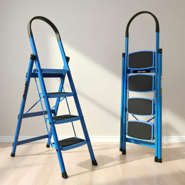 Plantex Premium 4 Step Steel Ladder/Ladder for Home/Wide Anti-Skid Wide Step Ladder/Capacity Upto 150 Kg (Blue & Black)