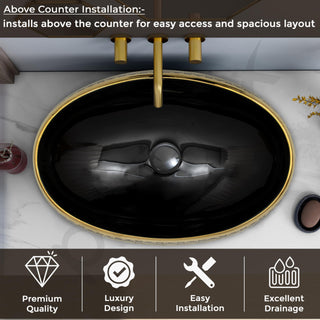 Plantex Tabletop Wash Basin for Bathroom/Designer Ceramic Basin/Countertop Vessel Sink Basin for Home/Hotel - (16019, Black & Gold)