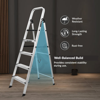 Plantex Big Foot 5 Step Foldable Aluminium Ladder/Step Ladder for Home Use with Wide Anti-Slip Steps and Secured Joints/5-Year Manufacturer Warranty(Black & Silver)