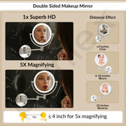 Plantex Brass and 304 Stainless-Steel Magnifying Mirror with LED/Makeup Mirror with Light/Zoom Mirror- 5x/1x Magnification (8 Inch-Chrome/Wall Mount)
