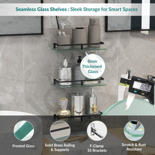 Plantex Bathroom Accessories - Wall Mounted Bathroom Shelf/Glass Shelves for Kitchen/Living Room with Black Brass Railings (Frosted - 12x6 Inches - Pack of 3)