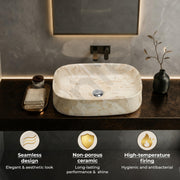 Plantex Wash Basin for Bathroom/Ceramic Table Top Washbasin/Countertop Vessel Sink Basin - (Cream Marble,  21.5 x 15 x 6 Inch)
