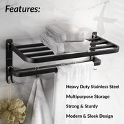 Plantex Towel Rack for Bathroom/Stainless Steel Towel Bar/18 Inch Towel Holder with Towel Rod/Bathroom Accessories - (Black)