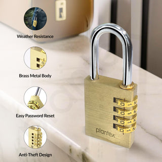 Plantex 4-Digit Code Combination Brass Lock/Number Lock/Portable Luggage Locks for Briefcase/Laptop Bags - Pack of 1 (Medium, Brass Antique)