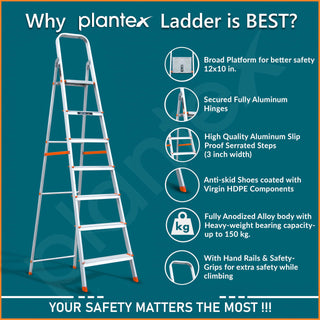 Plantex Legend Aluminium Folding 7 Step Ladder for Home - 7 Step Anti Skid Ladder/Wide Step Ladder (Orange-Silver)