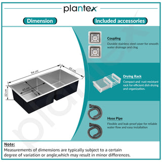 Plantex Heavy Duty Stainless Steel Double Bowl Sink For Kitchen/Handmade Kitchen Sink with 25 Years Warranty by Plantex/Sink with Coupling, Hose Pipe and Drying Rack (Silver Matt - 37x18x9 Inches)