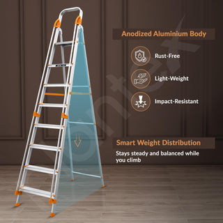 Plantex Secura 8 Step Aluminium Ladder for Home/Foldable Ladder with Safe Hand Rails/5 Year Manufacturer Warranty(Orange-Silver)