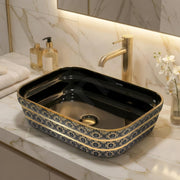 Plantex Designer Ceramic Basin/Table Top Wash Basin for Bathroom/Countertop Vessel Sink Basin for Home/Office/Restaurant (Black Art, 20 x 15 x 6 Inch )