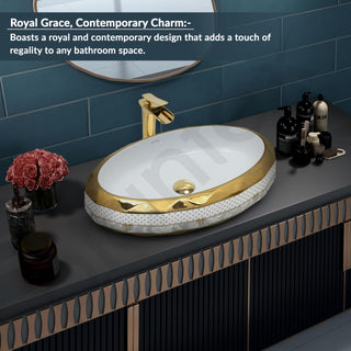 Plantex Wash Basin/Ceramic Table Top Wash Basin/Designer Countertop Basin for Bathroom/Restaurants/Hotel – Oval (White & Gold - 23 x 16 x 5 Inch)