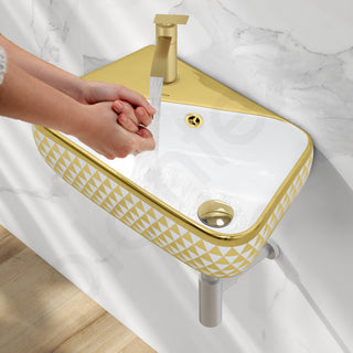 Plantex Ceramic Wall Mount Washbasin/Basin for Bathroom/Designer Wash Basin for Home/Office/Hotel (17.5x10.5x5 Inch - White & Gold)