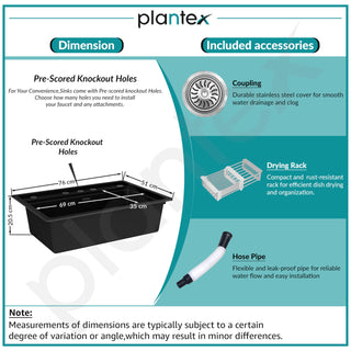 Plantex Matt Quartz Kitchen Sink/UV Protected Kitchen Sink/Undermount Sink For Kitchen/Granite Single Bowl Sink With Coupling (Nano Black, 20X30 Inches)