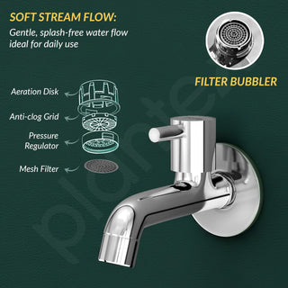 Plantex Long Body Bib Cock for Bathroom with Water Saving Aerator/Brass Spindle Bib Tap with Wall Flange and Teflon Tape for Bathroom (MKS-1272-Chrome)