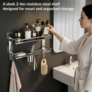 Plantex Bathroom Organiser without Drill/Stainless Steel Bathroom Accessories Set with Soap Dish and Brush Holder/Hooks/Tumbler Holder/Bathroom Stand for Wall (2-Tier, Chrome)