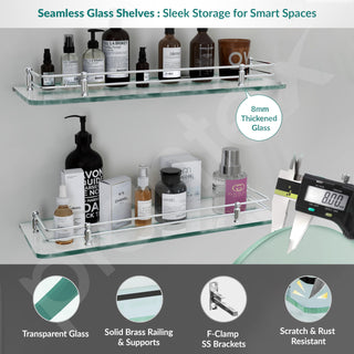 Plantex Premium Transparent Glass Shelf for Bathroom/Kitchen/Living Room - Bathroom Accessories (Polished, 18x6 Inches) - Pack of 2