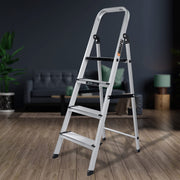 Plantex Big Foot 4 Step Ladder for Home/Fully Aluminium Folding Ladder/Wide Anti-Skid Steps (Black-Silver)