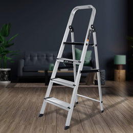 Plantex Big Foot 4 Step Ladder for Home/Fully Aluminium Folding Ladder/Wide Anti-Skid Steps (Black-Silver)