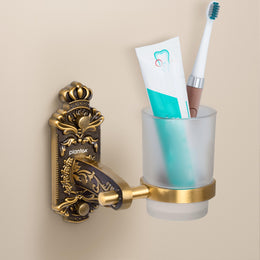 Plantex Antique Aluminium Tumbler Holder/Matt Glass Tooth Brush Stand/Bathroom Accessories - (Brass-Antique)