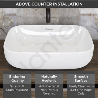 Plantex Platinum Ceramic Tabletop Rectangular Wash Basin/Washbasin for Bathroom/10 Years Glaze Warranty by Plantex/Small Wash Basin (White - 18 x 13 x 5 Inch)