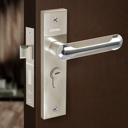 Plantex Heavy-Duty Door Lock Set - Main Door Lock Handle Set/Mortise Lock with 3 Keys, Brass Lock Body & Cylinder (8124 - Steel Satin & Chrome)