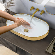 Plantex Ceramic Wash Basin/Designer Hand Wash Sink for Bathroom/Oval Tabletop Washbasin/Countertop Vessel Sink for Home/Office (24x16x5 inch - Gold & White)