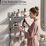 Plantex 3 Tier Bathroom Organizer/Stainless Steel Bathroom Accessories Set with Soap Dish and Brush Slots/Hooks/Tumbler Holder