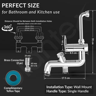 Plantex Pure Brass 3 in 1 Wall Mixer for Bathroom with L-Bend Provision for Overhead and Hand Shower/Mixer Tap for Bathroom with Water Saving Nozzle and Brass Wall Flange (COL-1019-Chrome)