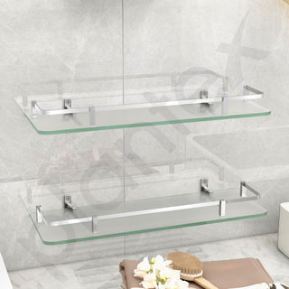 Plantex Frosted Glass Shelf for Bathroom/Kitchen Shelf for Wall/Living Room Wall Storage Shelf with Chrome Finish Brass Railings and Brackets (18x6 Inches) - Pack of 2