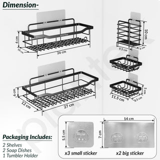 Plantex Self Adhesive Bathroom Shelf/Bathroom Organiser without Drill/Adhesive Wall Shelves/No Drill Bathroom Shelves/Soap Holder with Tooth Brush Holder-(Black, Pack of 5)
